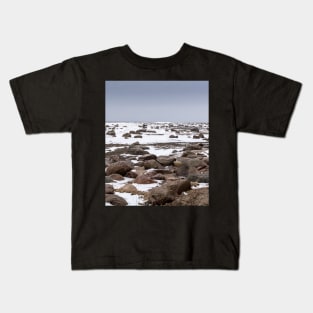 Rocks and snow on the coast of frozen sea Kids T-Shirt